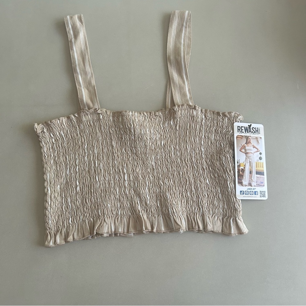 Rewash Smocked Stretch Beige Striped Crop Top, Size L - Picture 4 of 10